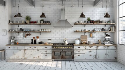 3D render of a vintage industrial white kitchen with light grey tiles, wooden countertop, cabinets, and old-school coffee machine.
