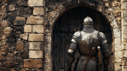 Fototapeta premium Medieval Knight in Full Armor Standing Before an Ancient Stone Doorway