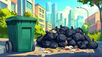 Full garbage bin and black plastic trash bags around. Overflowing recycling container with trash. Green recycle can. Street dump pollution, bin container pile, trashcan basket. Vector illustration