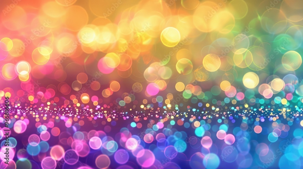 Wall mural vibrant rainbow-colored gradients transitioning across a field of sparkling bokeh orbs, evoking a se