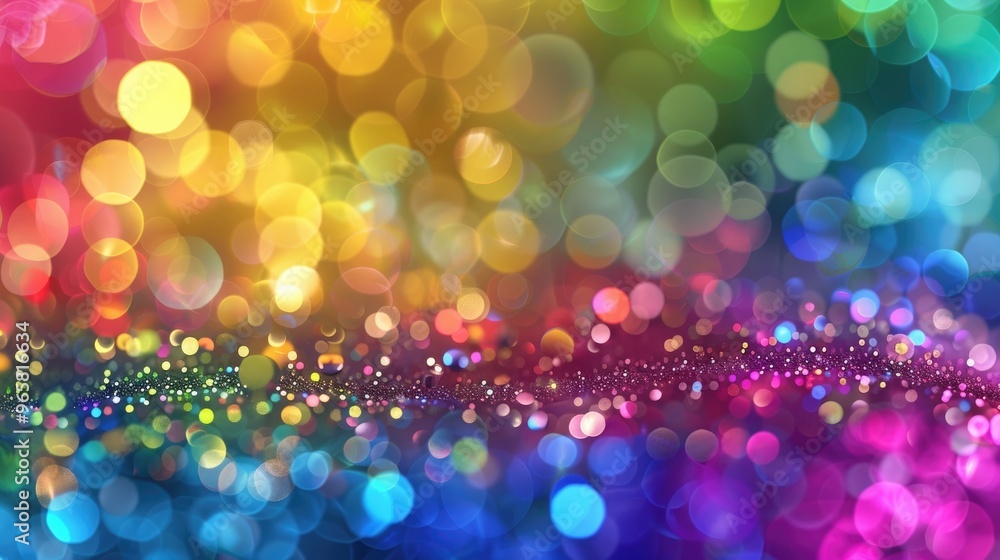 Wall mural vibrant rainbow-colored gradients transitioning across a field of sparkling bokeh orbs, evoking a se