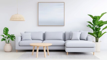 Modern living room with a cozy grey corner couch, a stylish wooden table, a comfortable pouf, and an elegant painting enhancing the contemporary aesthetic.