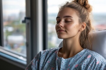 A woman in a hospital gown meditates peacefully by a window, her expression serene and calm, symbolizing the importance of inner peace and mental health in recovery.