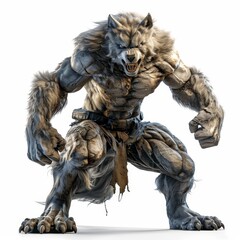 Fototapeta premium A fierce, muscular werewolf standing in a threatening pose, showcasing detailed fur and powerful physique against a white background.