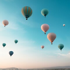 Fototapeta premium Pastel hot air balloons in a clear sky, soft and whimsical, ideal for a childs room or playful space