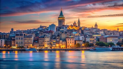 Fototapeta premium Sunrise cityscape of Karakoy across Bosphorus with Galata Tower at blue hour, Istanbul, Turkey, dawn