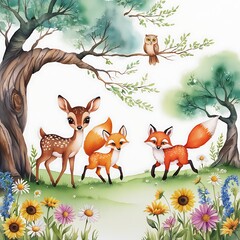 Whimsical woodland watercolor invitation featuring forest animals like deer and foxes, with lush trees and colorful wildflowers. Perfect for a fun, nature-themed event.