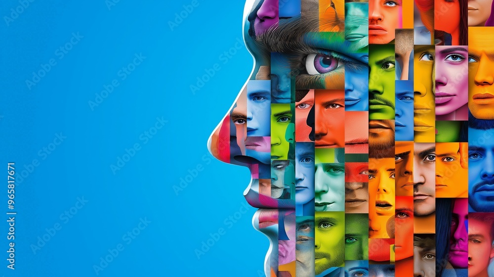 Poster a colorful collage of faces with a blue background. the faces are all different colors and sizes, an