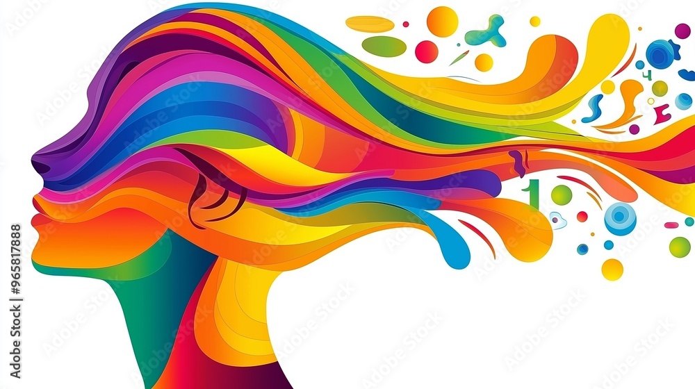 Poster a colorful head with a rainbow of colors. the head is surrounded by a splash of colors and the backg