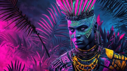 Modern warrior in neon armor, high contrast, exotic tribal influences, futuristic battle scene, digital art
