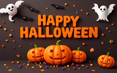 Orange pumpkins and white ghosts with a 3D Happy Halloween message on a dark background, perfect for spooky Halloween celebrations. 
