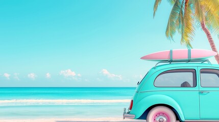 Retro car at a tropical beach with a surfboard on the roof, evoking summer leisure and carefree adventures under the sun, surrounded by palm trees and ocean waves.