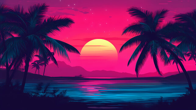 Outrun synthwave style - retro aesthetic with palm trees and tropical sunset in pink and blue. Vaporwave. Illustration