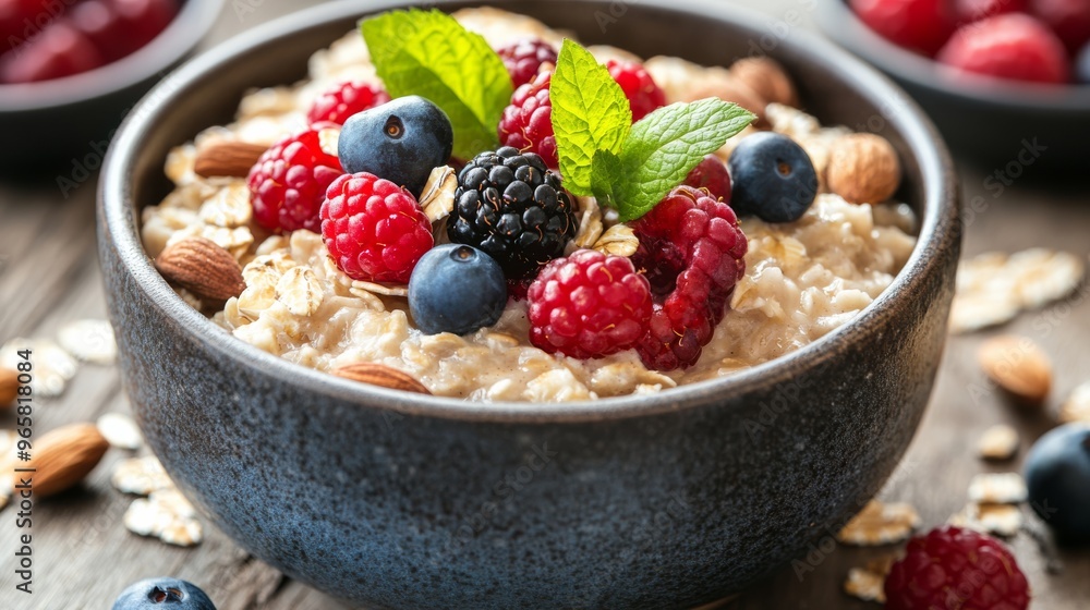 Poster Oatmeal with berries and nuts on a rustic table
