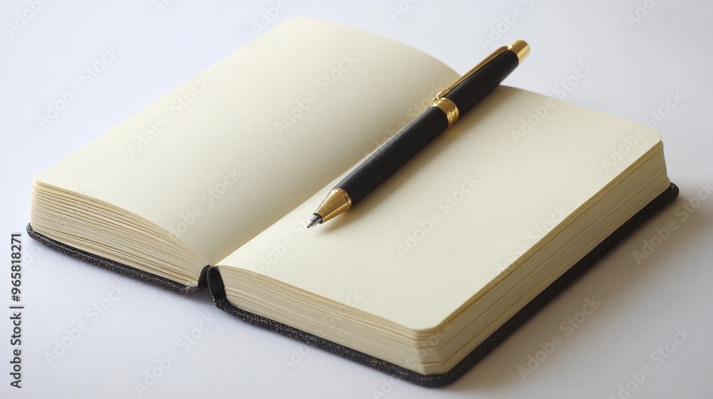 Poster Open notebook with pen on workspace
