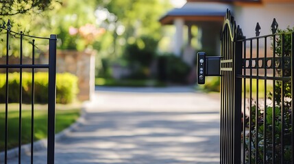 A black metal gate with an electronic keypad is open revealing a paved driveway and lush greenery in the background.