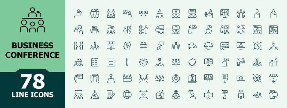 Business Conference icons pack. Meeting icon set of web in line style. Webinar icons Related to teamwork, interview, online meeting, discussion and more.