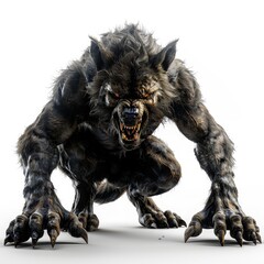 A fierce werewolf creature poised in a threatening stance, showcasing its sharp claws and menacing expression against a light background.