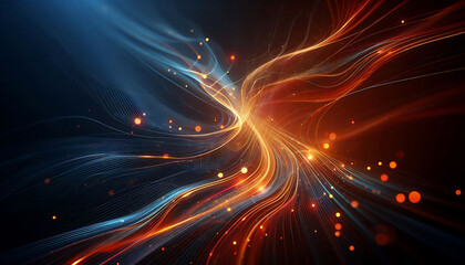 Abstract dynamic flowing lines in vibrant orange blue hues composition evokes a feeling of motion and light suggesting a digital or futuristic theme against a dark background