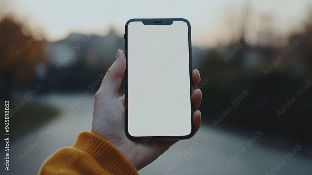 Poster smartphone held in a person's hand with a blank screen and a clean background