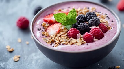 Smoothie bowl topped with granola and fresh fruits