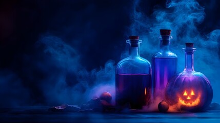 Eerie Minimalist Halloween Backdrop with Potion Bottles and Mystical Mist