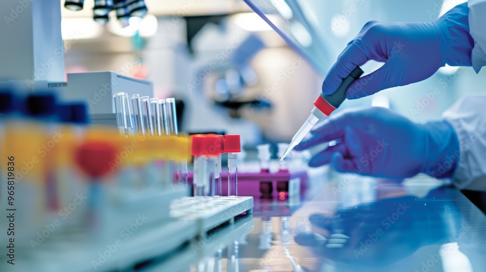 Poster A biotechnologist working with a pipette and microcentrifuge tubes in a sterile lab setting with equipment in the background.
