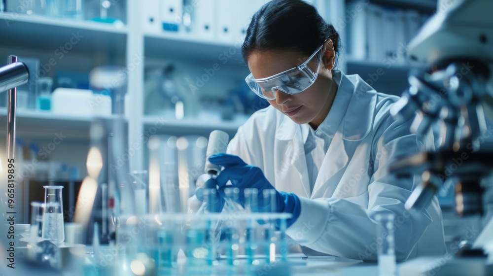 Poster A biotechnologist working with a pipette and microcentrifuge tubes in a sterile lab setting with equipment in the background.