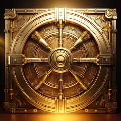 Photorealistic 3D illustration of a gold vault door, intricately detailed with ornate patterns, illuminated by a soft golden light, exuding an aura of security and opulence