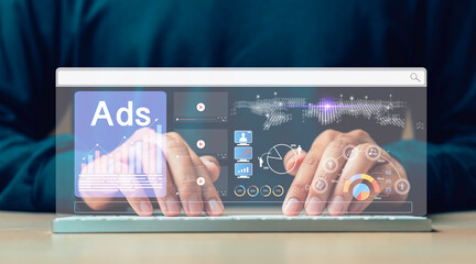 advertising marketing strategies to target , Digital commerce online sale concept, Businessman using dashboard digital strategy analysis for branding. online social media native, advertisers, sales.