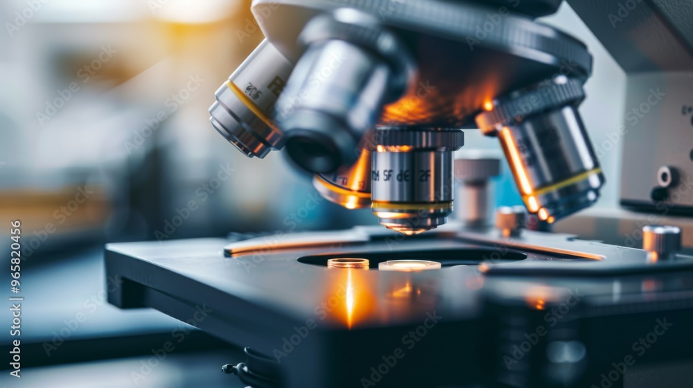 Poster lab technician analyzing chemical samples with microscope