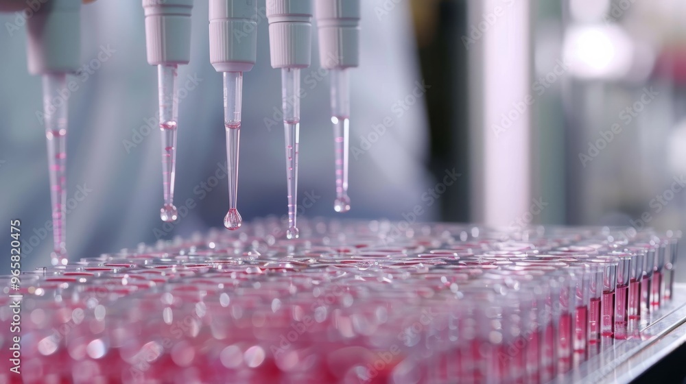 Poster lab technician filling microplate wells with pipette in clinical setting