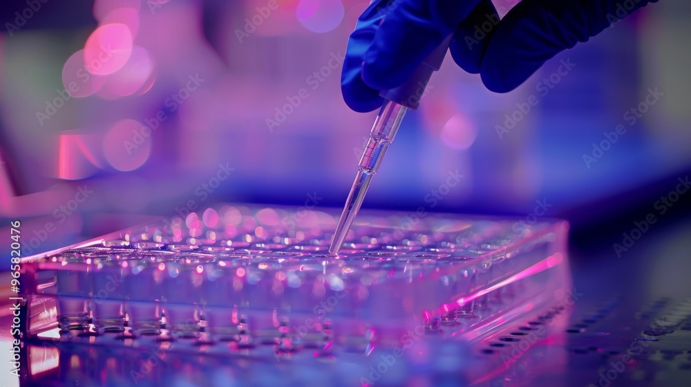 Poster lab technician filling microplate wells with pipette in clinical setting