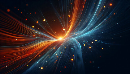 Abstract dynamic flowing lines in vibrant orange blue hues composition evokes a feeling of motion and light suggesting a digital or futuristic theme against a dark background