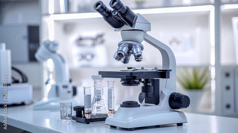 Aufkleber laboratory bench with microscopes and glassware neatly arranged