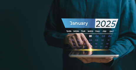 January 2025 calendar, business goals trends 2025, businessperson planning business growth strategy digital marketing, stock market trends and business, technical analysis strategy.