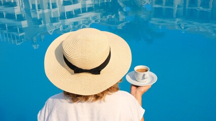 Ideal luxury life concept. morning female in straw hat drinks coffee near blue swimming pool