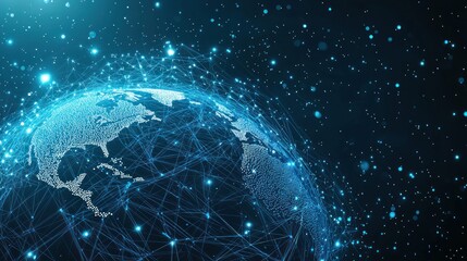 Obraz premium Abstract futuristic digital background with blue glowing global network and internet connections on a dark planet Earth globe. Digital technology, big data connection concept