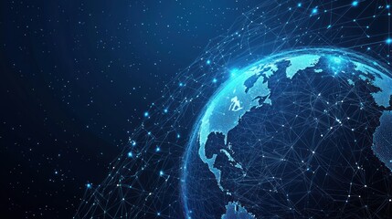 Abstract futuristic digital background with blue glowing global network and internet connections on a dark planet Earth globe. Digital technology, big data connection concept