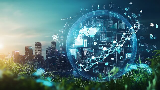 A globe-shaped image displaying an urban to rural transition, with telemedicine care in modern cityscapes on one side and homeopathic treatments in a natural setting on the other, united by