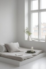 White minimalist bedroom with a low bed, simple decor, and natural light flooding in from a large window