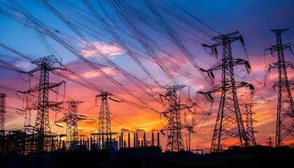 Advanced energy sector technology close up, focus on, copy space, vibrant colors, Double exposure silhouette with power plants