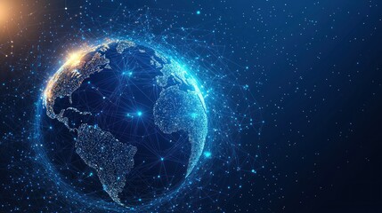 Obraz premium Abstract futuristic digital background with blue glowing global network and internet connections on a dark planet Earth globe. Digital technology, big data connection concept