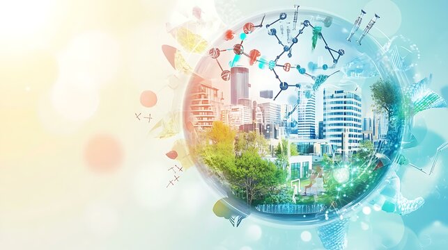 A spherical visual with urban hospitals on one side offering telemedicine care to diverse patients, transitioning to rural and natural environments on the opposite side where traditional treatments