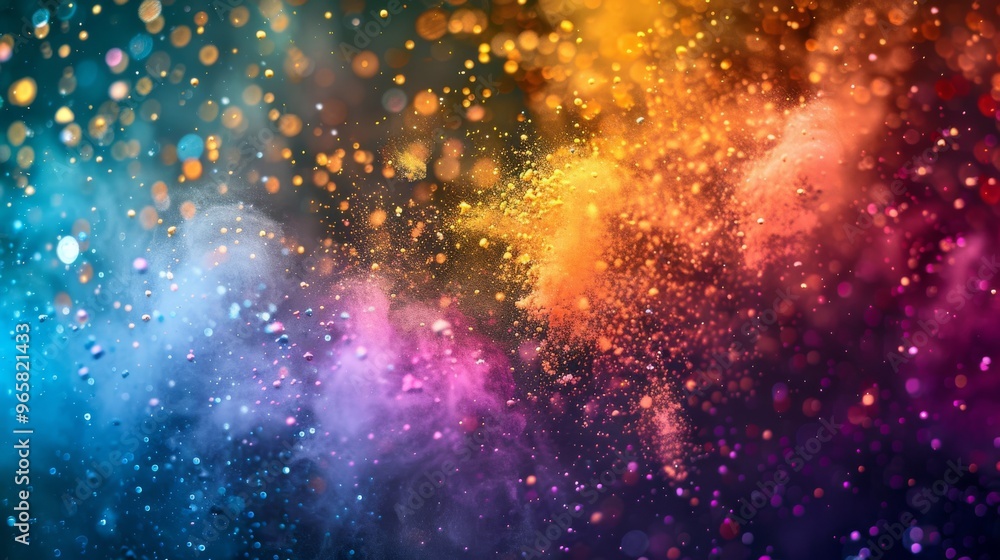 Poster radiant particles of various colors spreading across the frame