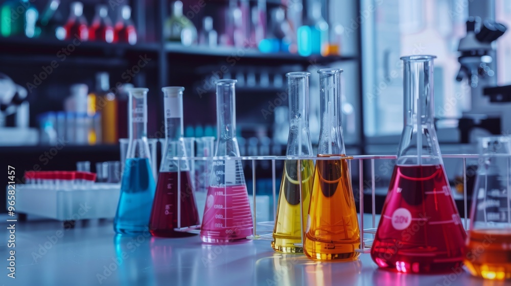 Poster research team conducting experiments at laboratory benches, with various scientific instruments and 