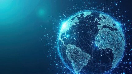 Fototapeta premium Abstract futuristic digital background with blue glowing global network and internet connections on a dark planet Earth globe. Digital technology, big data connection concept