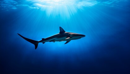 Obraz premium Illustrate the haunting beauty of a solitary hammerhead shark gliding through the deep blue ocean depths, its distinctive silhouette unmistakable