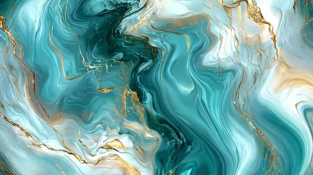 Marble blue golden texture. Paint blend. Shiny fluid mix. Blur blue black golden color glowing sparkling marble texture acrylic ink wave motion abstract art background. 4k video