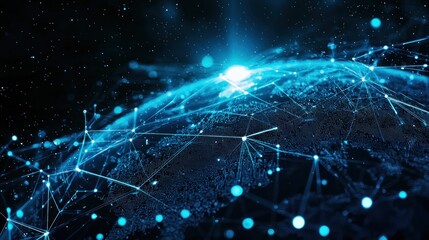 Abstract futuristic digital background with blue glowing global network and internet connections on a dark planet Earth globe. Digital technology, big data connection concept